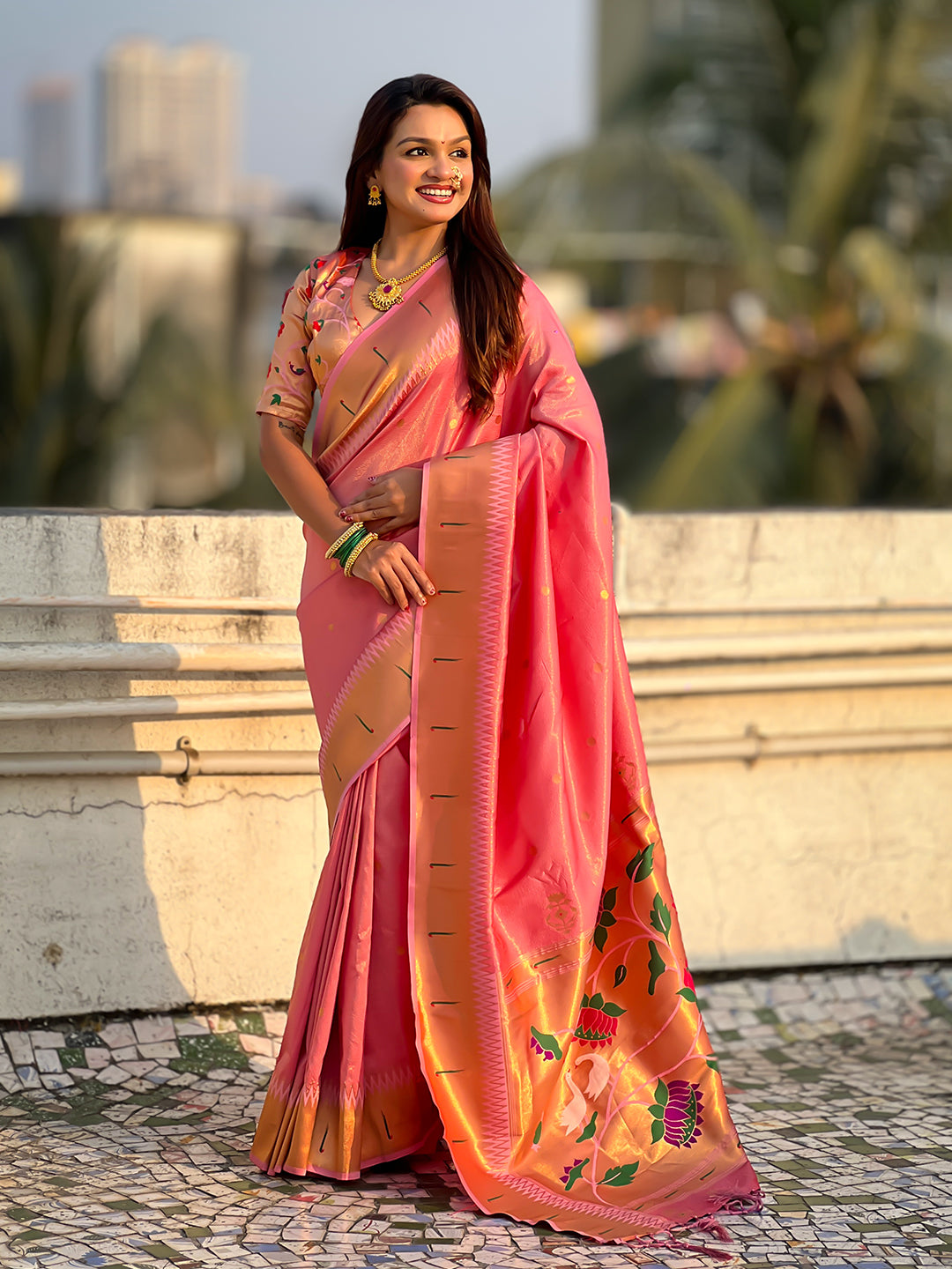 Baby Pink Tissue Paithani Zari Woven Saree