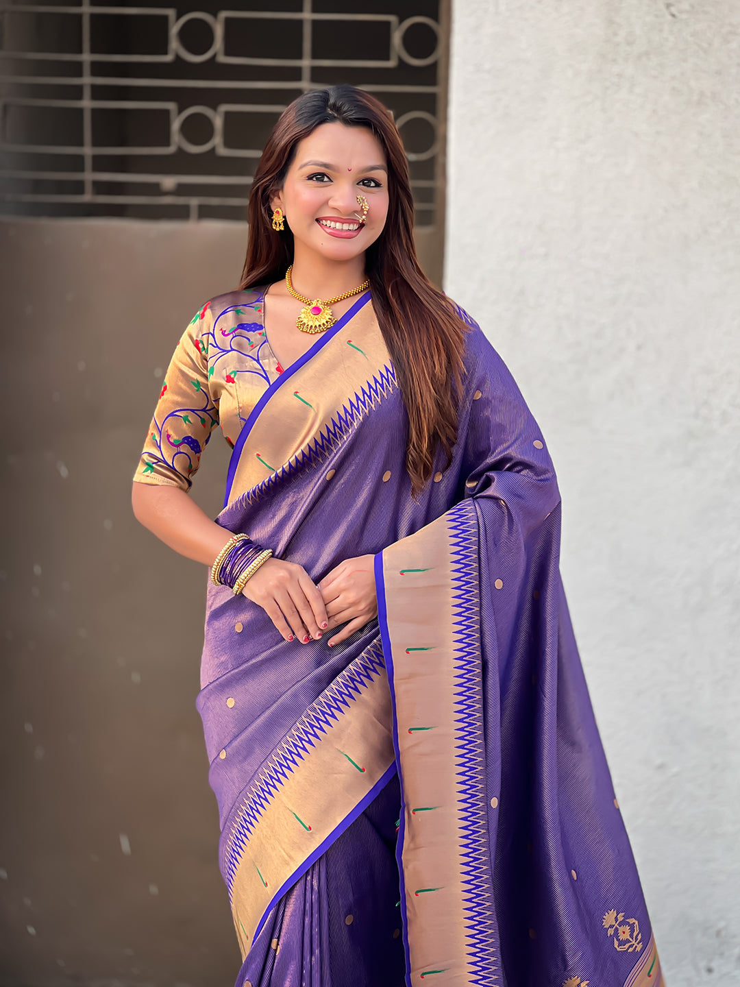 Violet tissue paithani zari woven saree