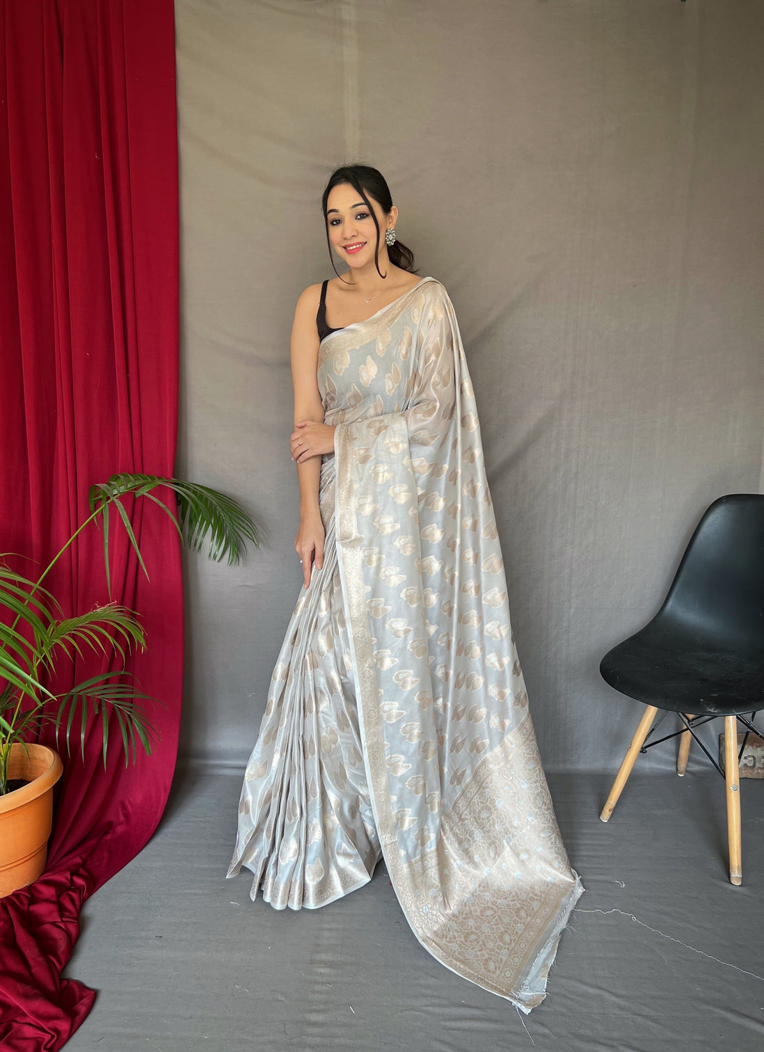 Pastel Silver Saree in Tabby Soft Silk Woven