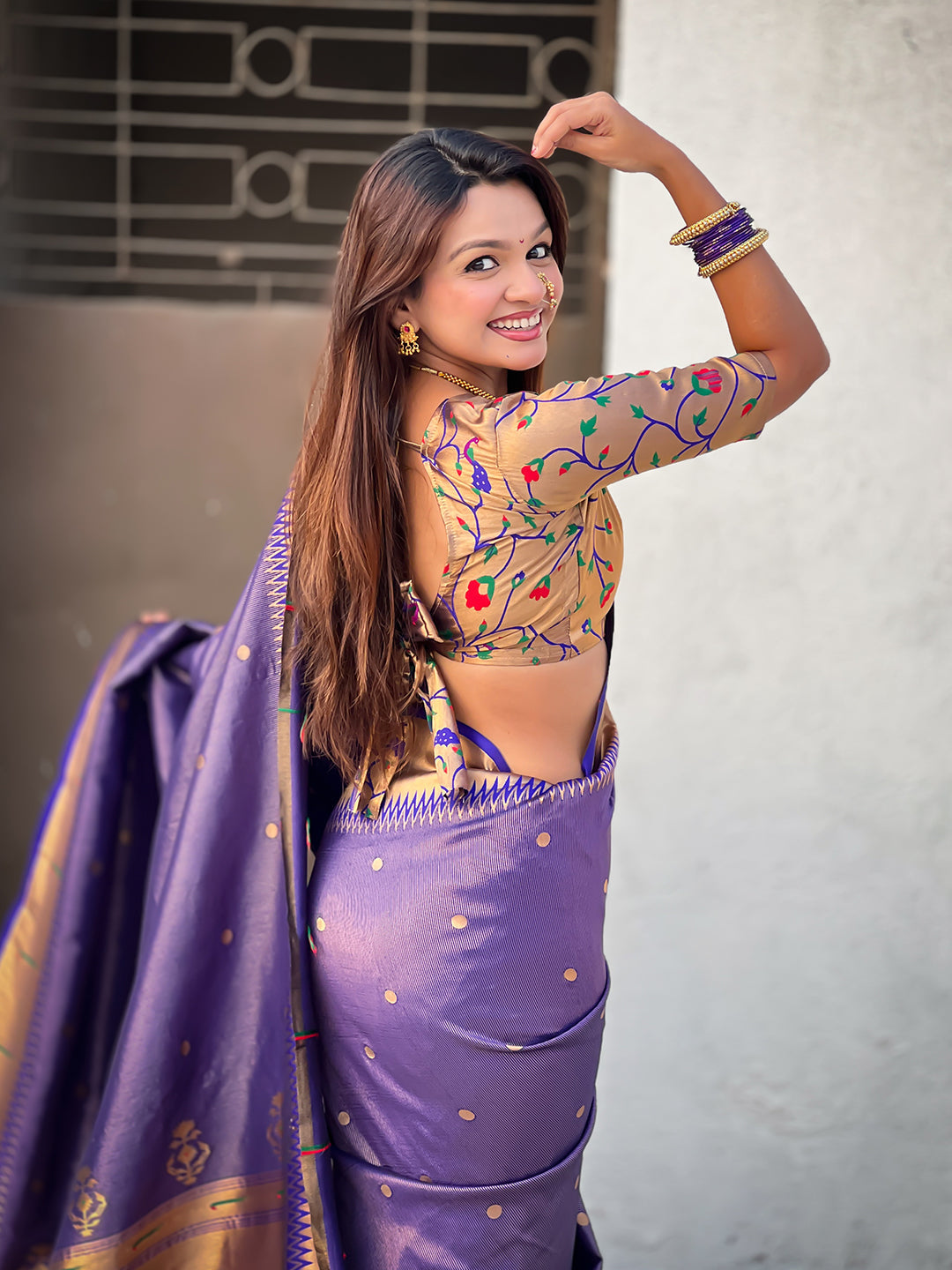 Violet tissue paithani zari woven saree