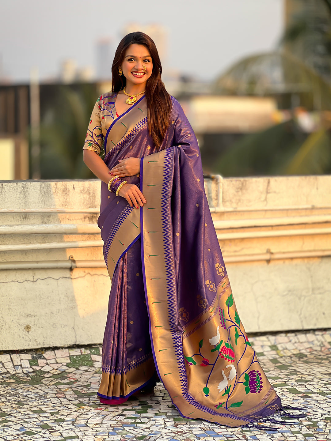 Violet tissue paithani zari woven saree