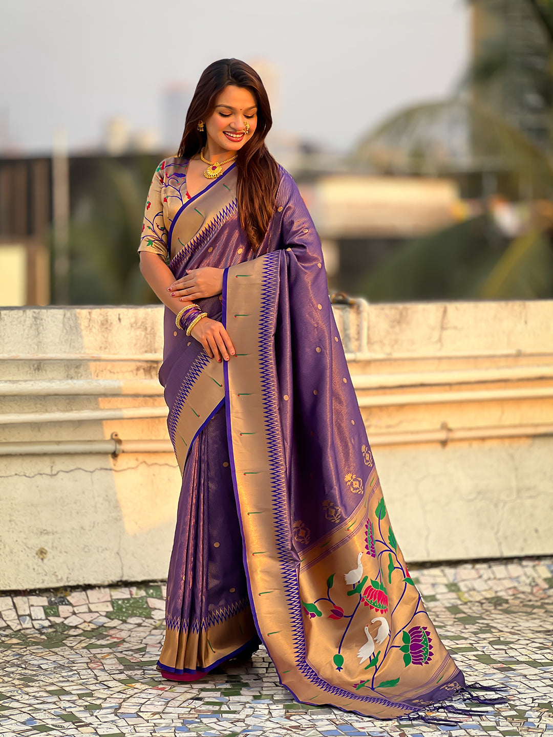 Violet tissue paithani zari woven saree