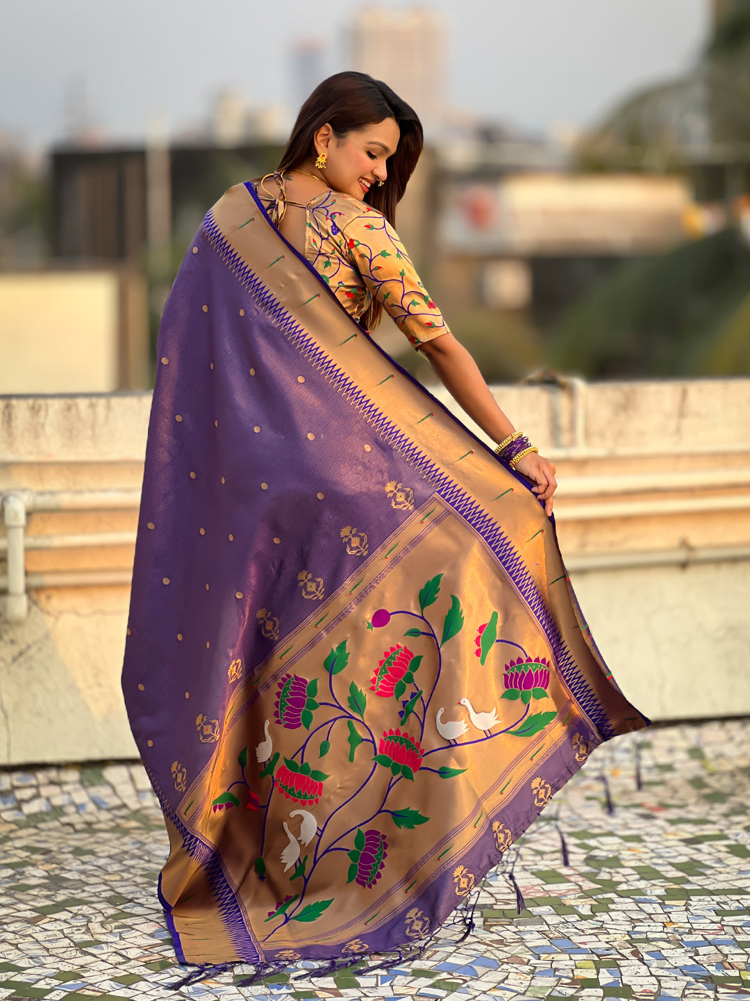 Violet tissue paithani zari woven saree