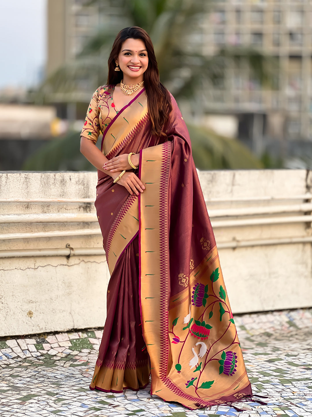 Wine tissue paithani zari woven saree