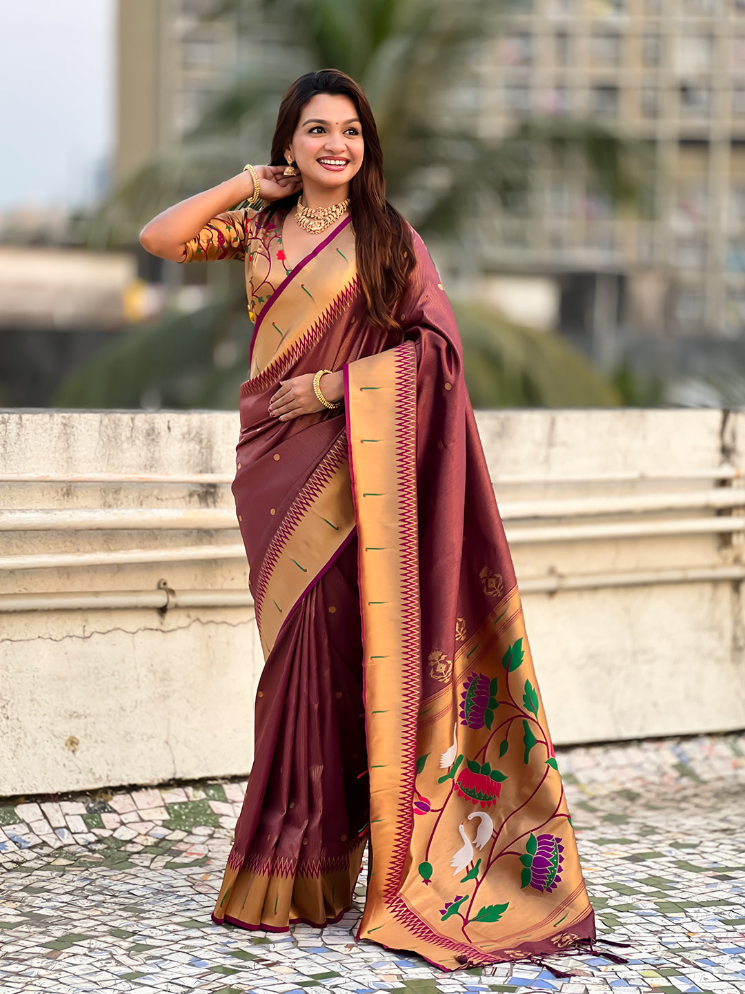 Wine tissue paithani zari woven saree