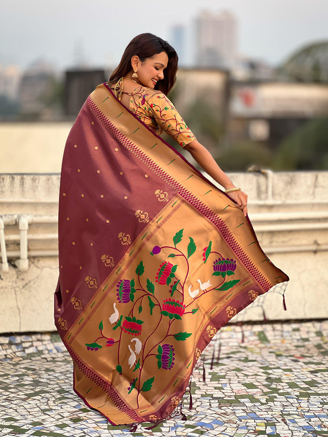 Wine tissue paithani zari woven saree