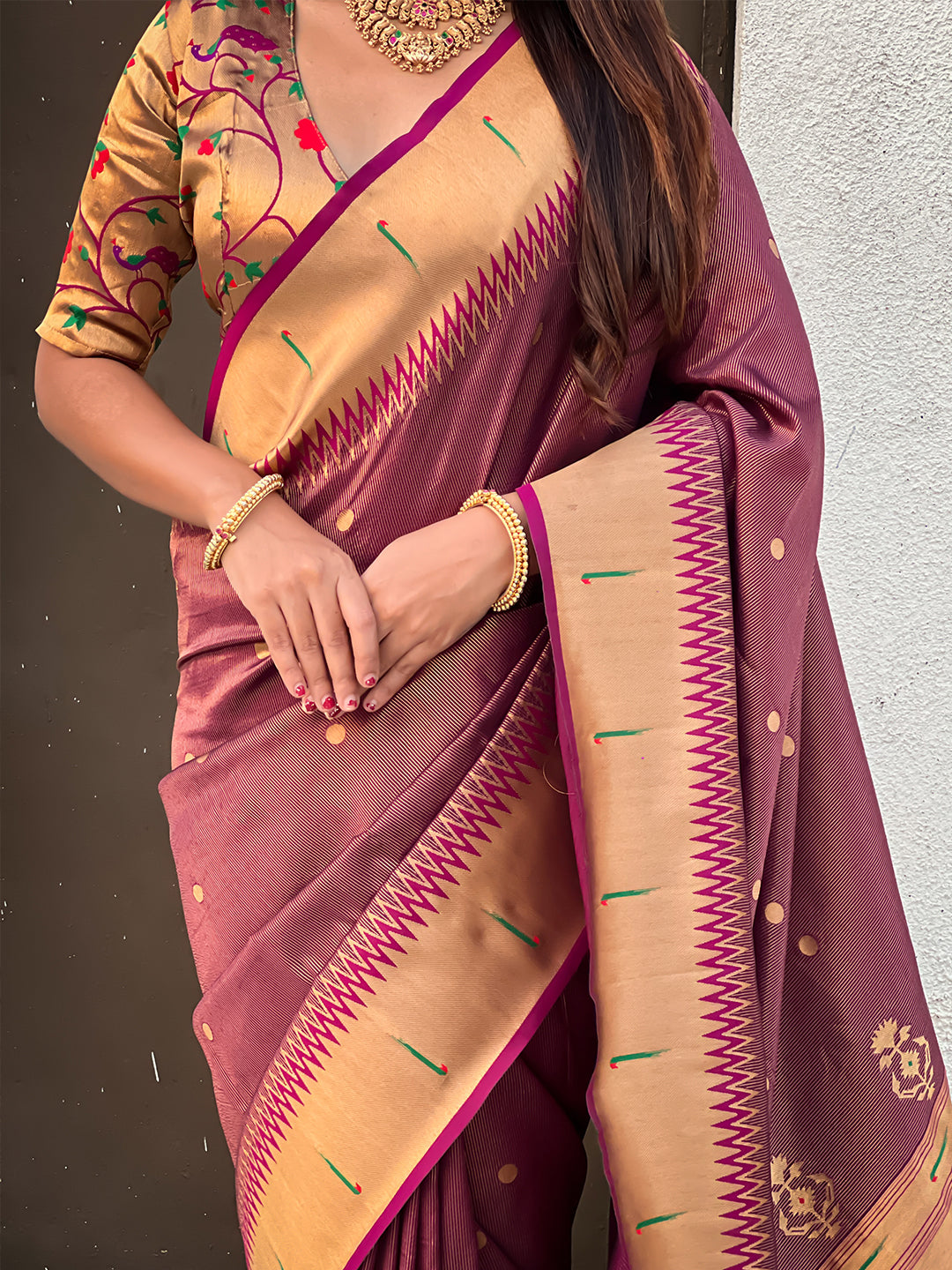 Wine tissue paithani zari woven saree