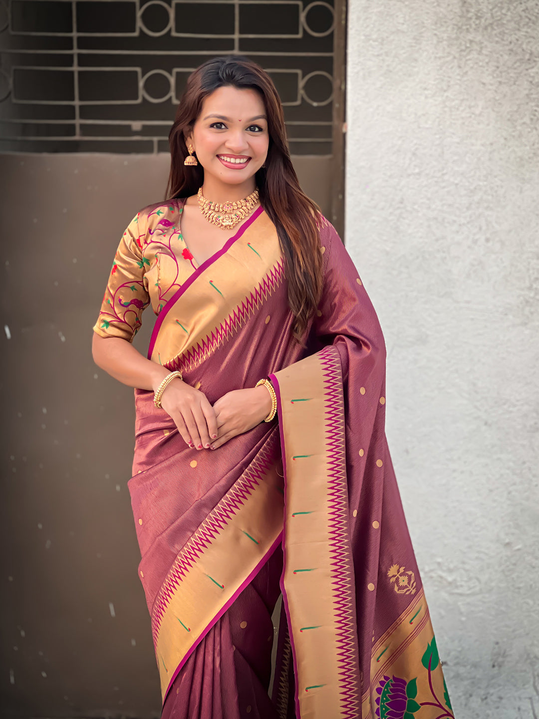 Wine tissue paithani zari woven saree