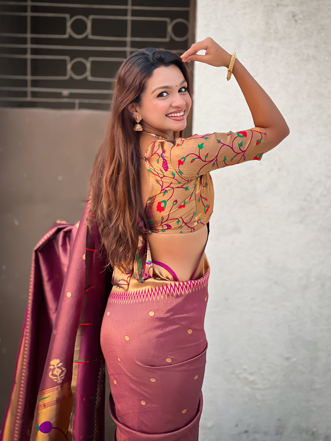 Wine tissue paithani zari woven saree