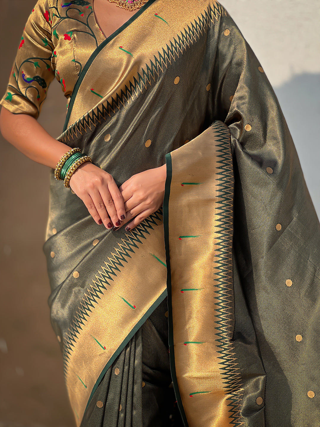 Bottle Green Tissue Paithani Zari Woven Saree