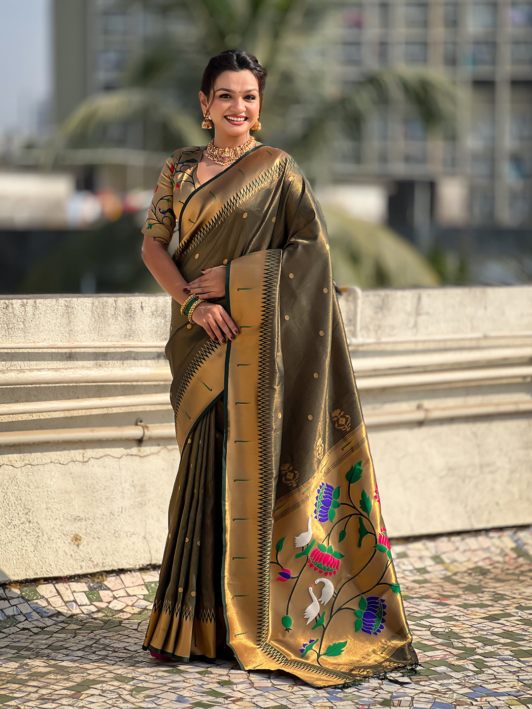 Bottle Green Tissue Paithani Zari Woven Saree