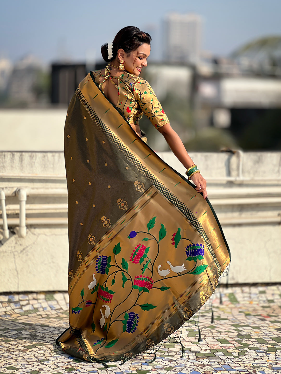 Bottle Green Tissue Paithani Zari Woven Saree