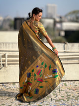 Bottle Green Tissue Paithani Zari Woven Saree