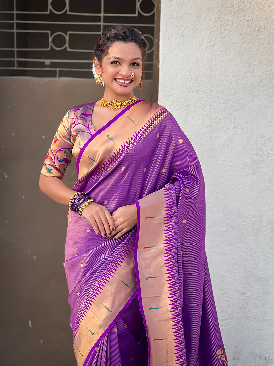 Purple tissue paithani zari woven saree
