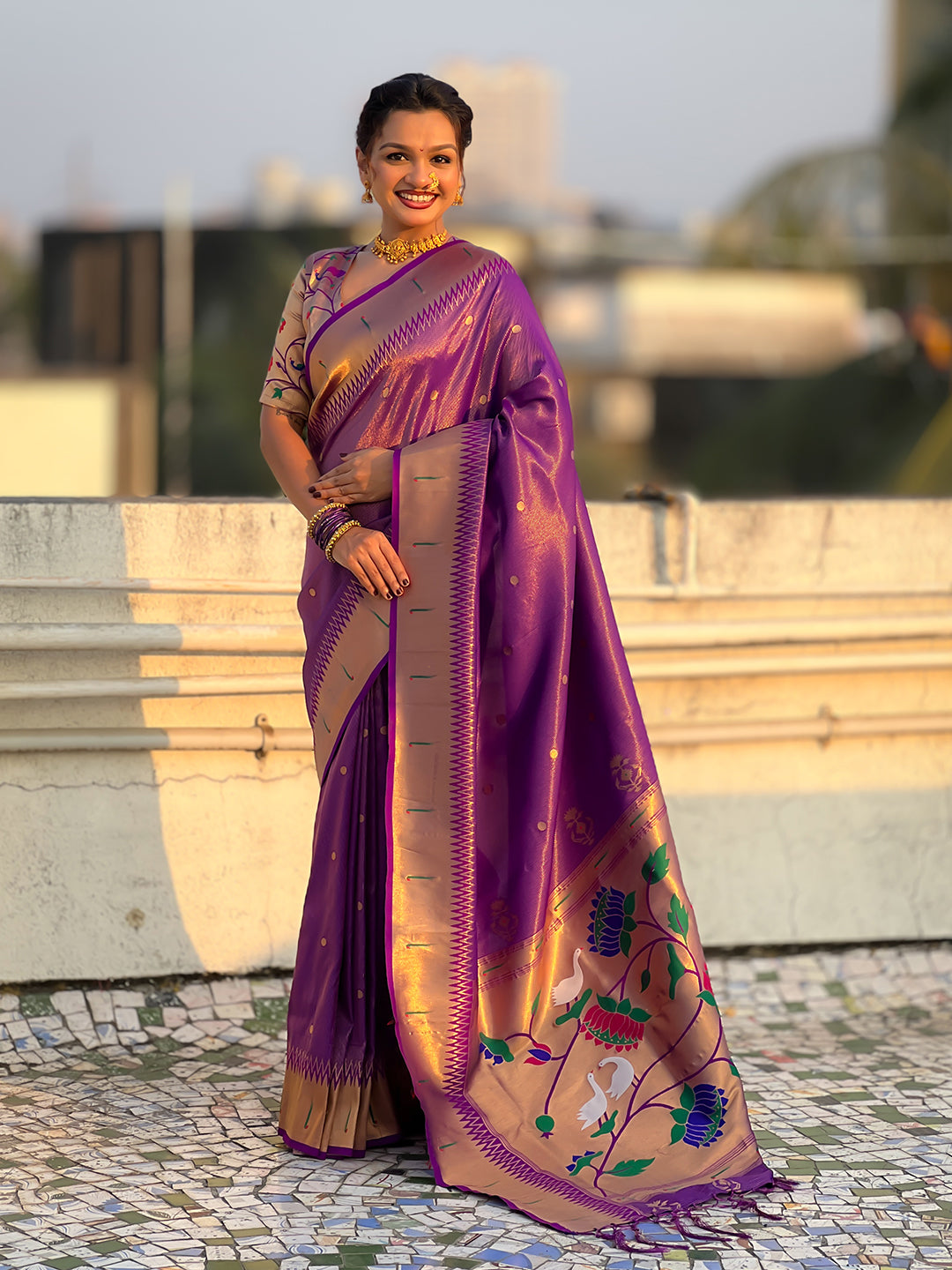 Purple tissue paithani zari woven saree