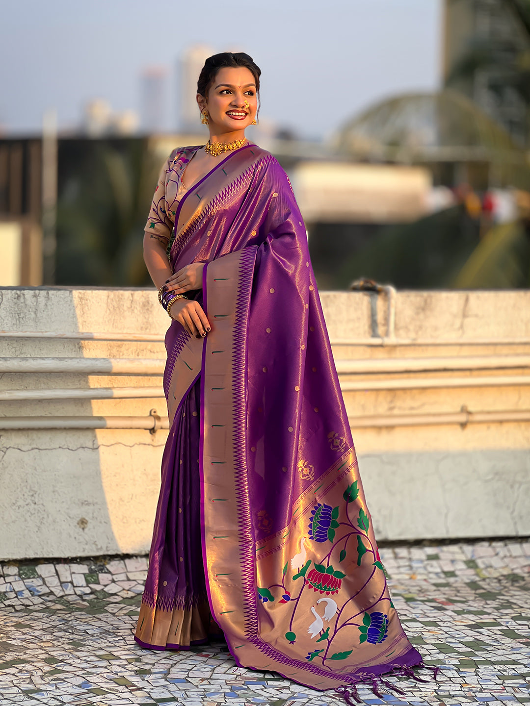 Purple tissue paithani zari woven saree