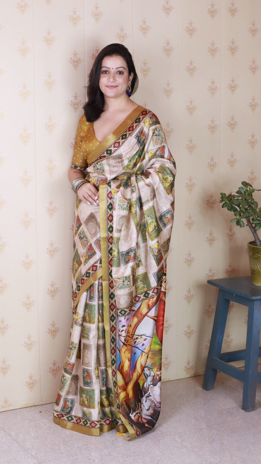 Gold tussar silk bold kalamkari figure printed saree with zari woven border