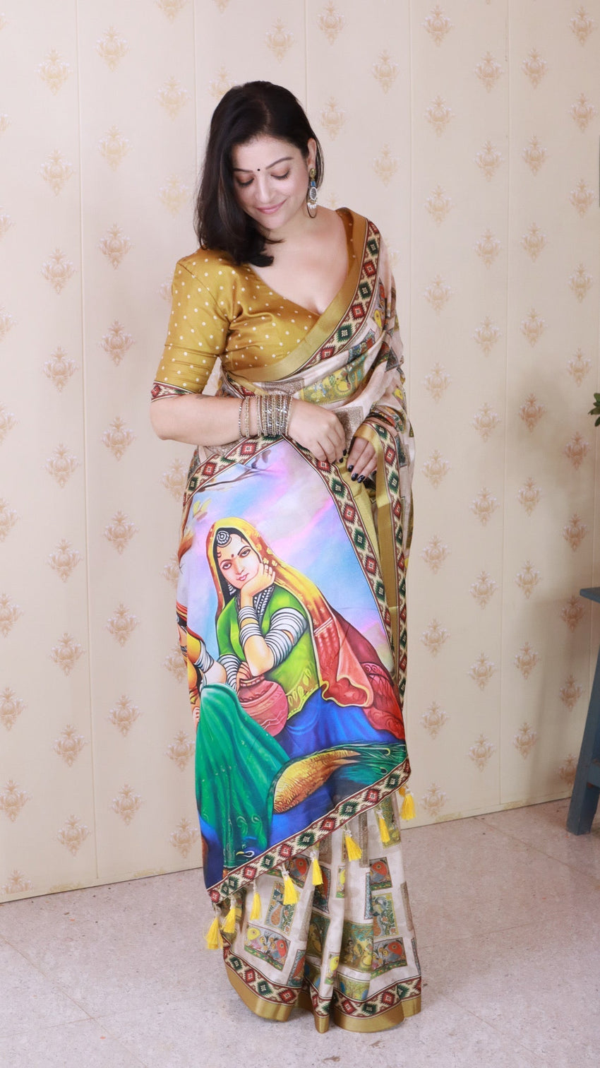 Gold tussar silk bold kalamkari figure printed saree with zari woven border