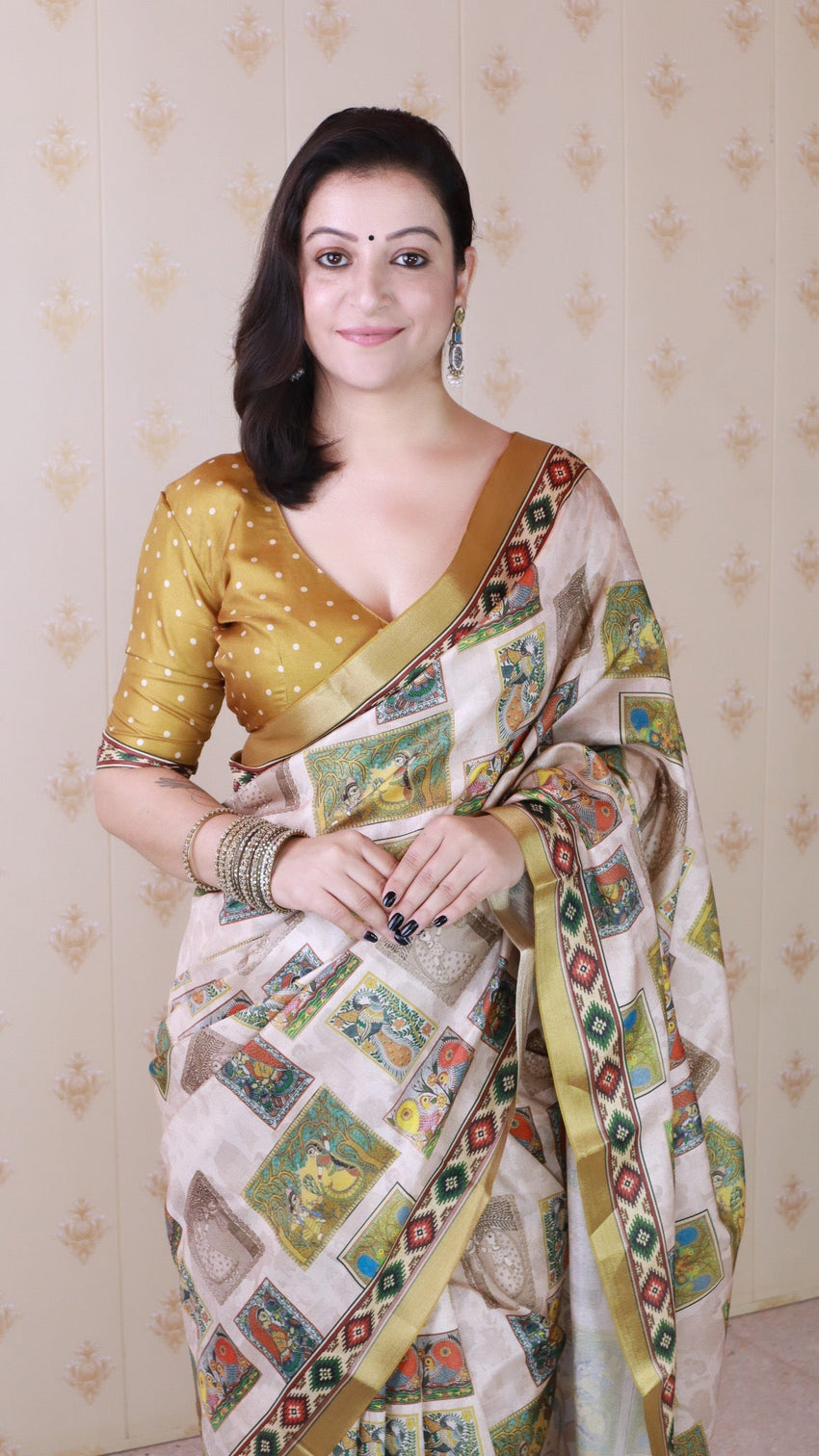 Gold tussar silk bold kalamkari figure printed saree with zari woven border