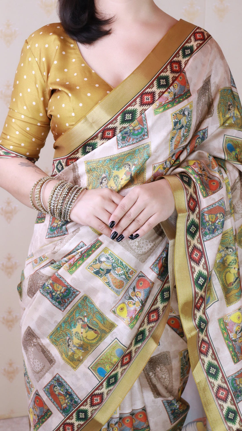 Gold tussar silk bold kalamkari figure printed saree with zari woven border