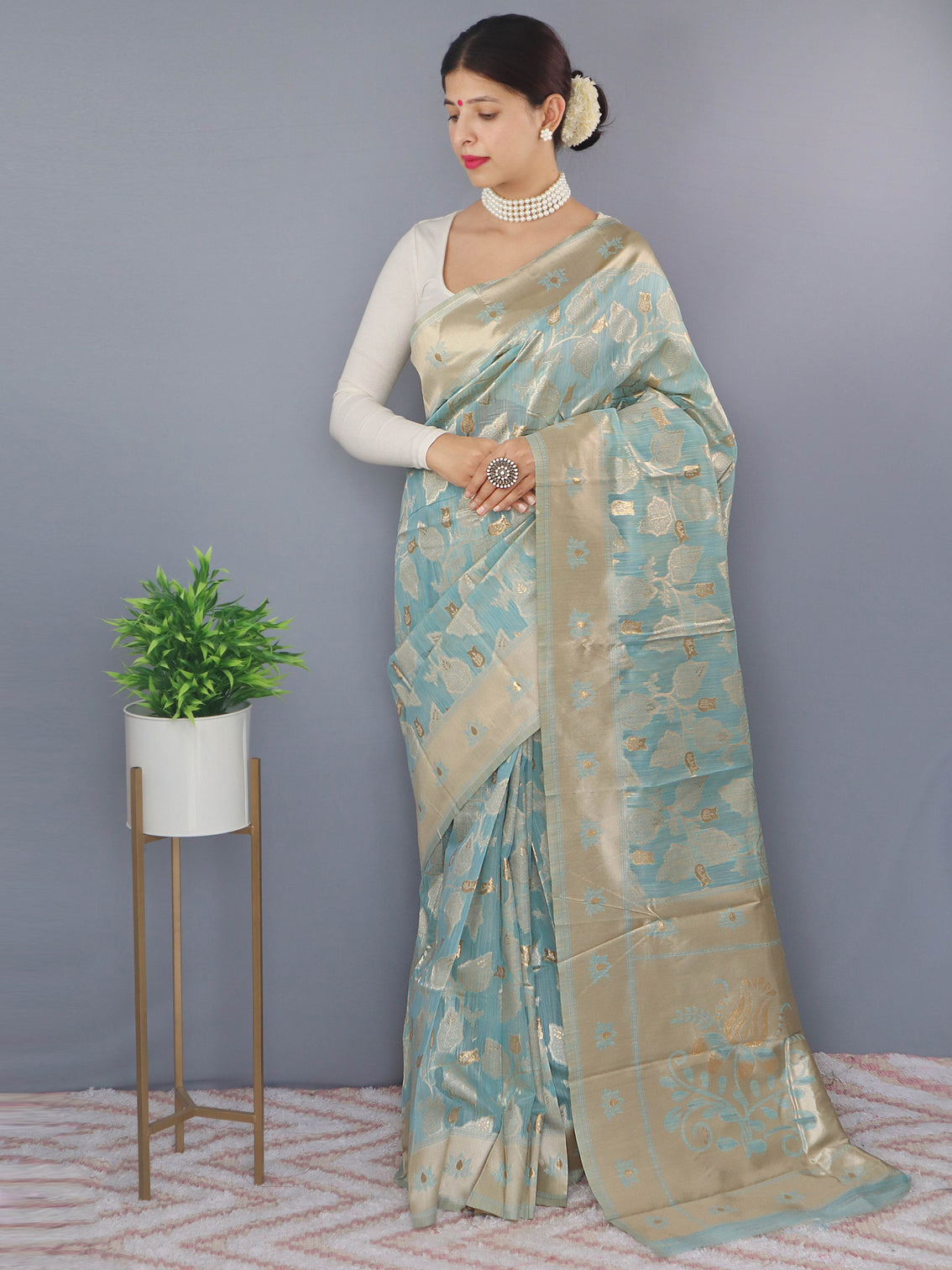 Powder Blue Saree in Cotton Linen for women