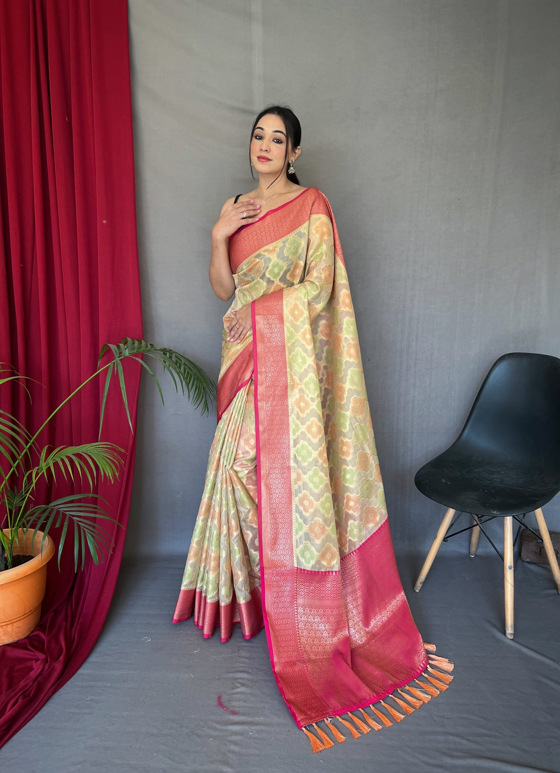 Ivory Cream Saree in Organza