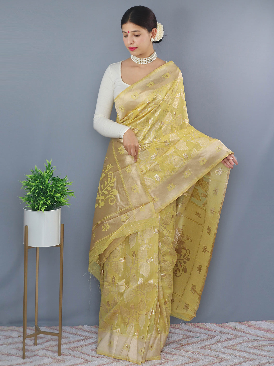 Yellow Saree in Cotton Linen for women