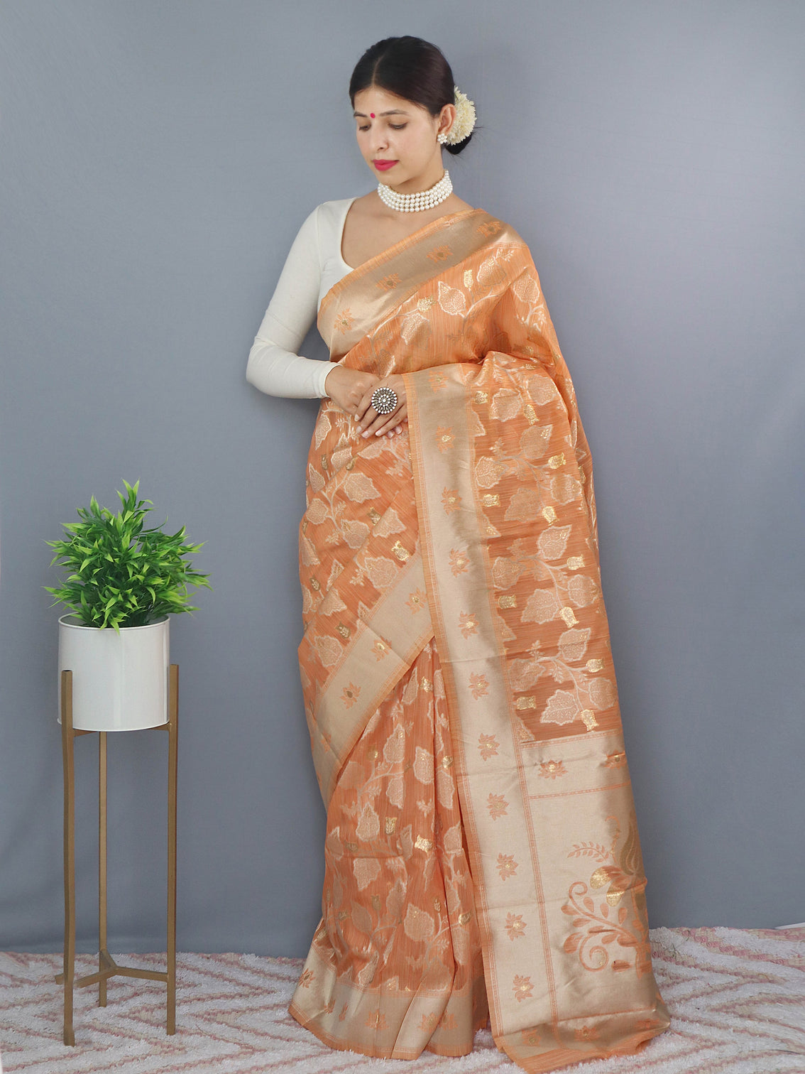 Peach Saree in Cotton Linen