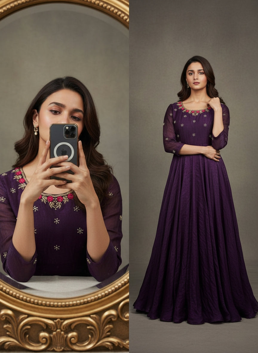 Jamuni purple space silk anarkali gown with moti handwork mameraa