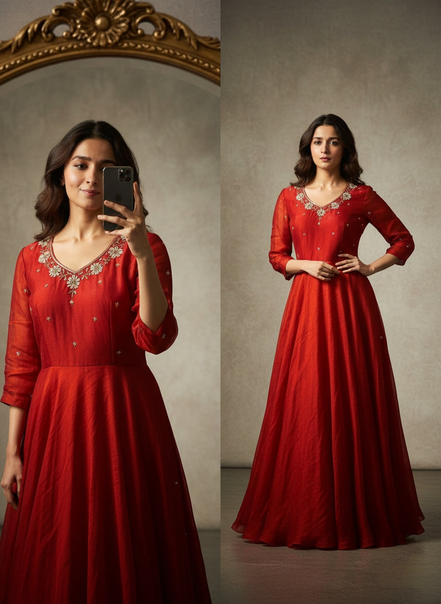 Rani red space silk anarkali gown with moti handwork mameraa