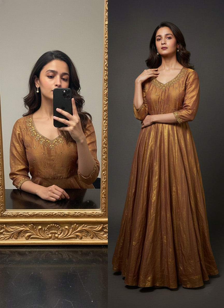 Antique gold space silk anarkali gown with moti handwork mameraa