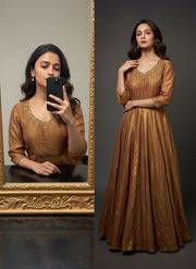 Antique gold space silk anarkali gown with moti handwork mameraa