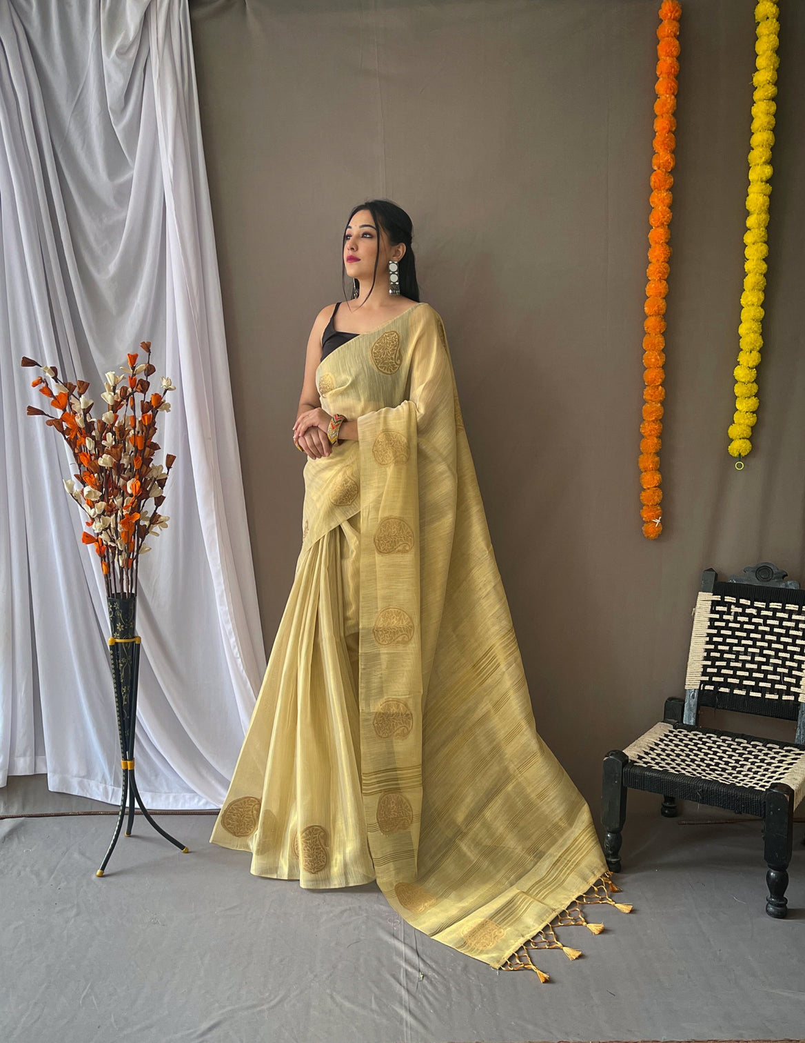 Ivory White Saree in Tissue Woven Silk