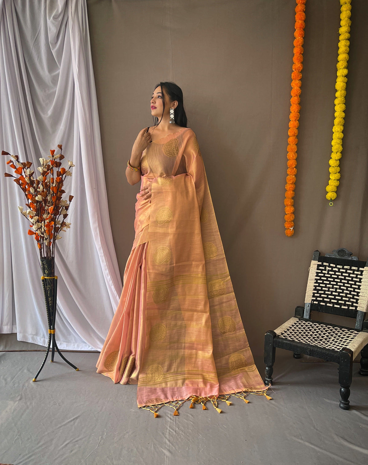 Skin Color Saree in Tissue Woven Silk