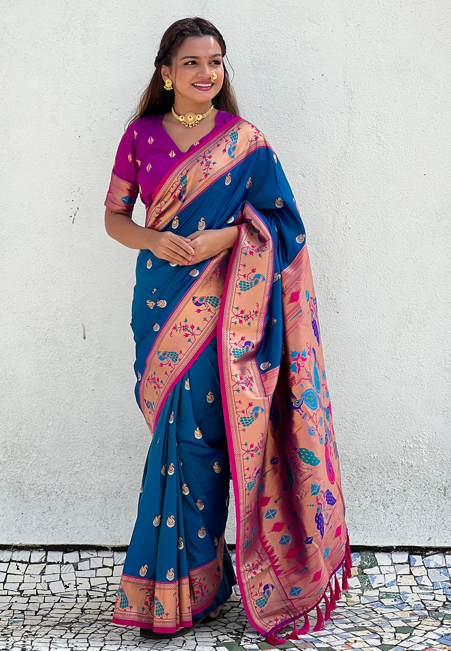 Blue contrast zari woven chandrakor swan yeola paithani silk saree
