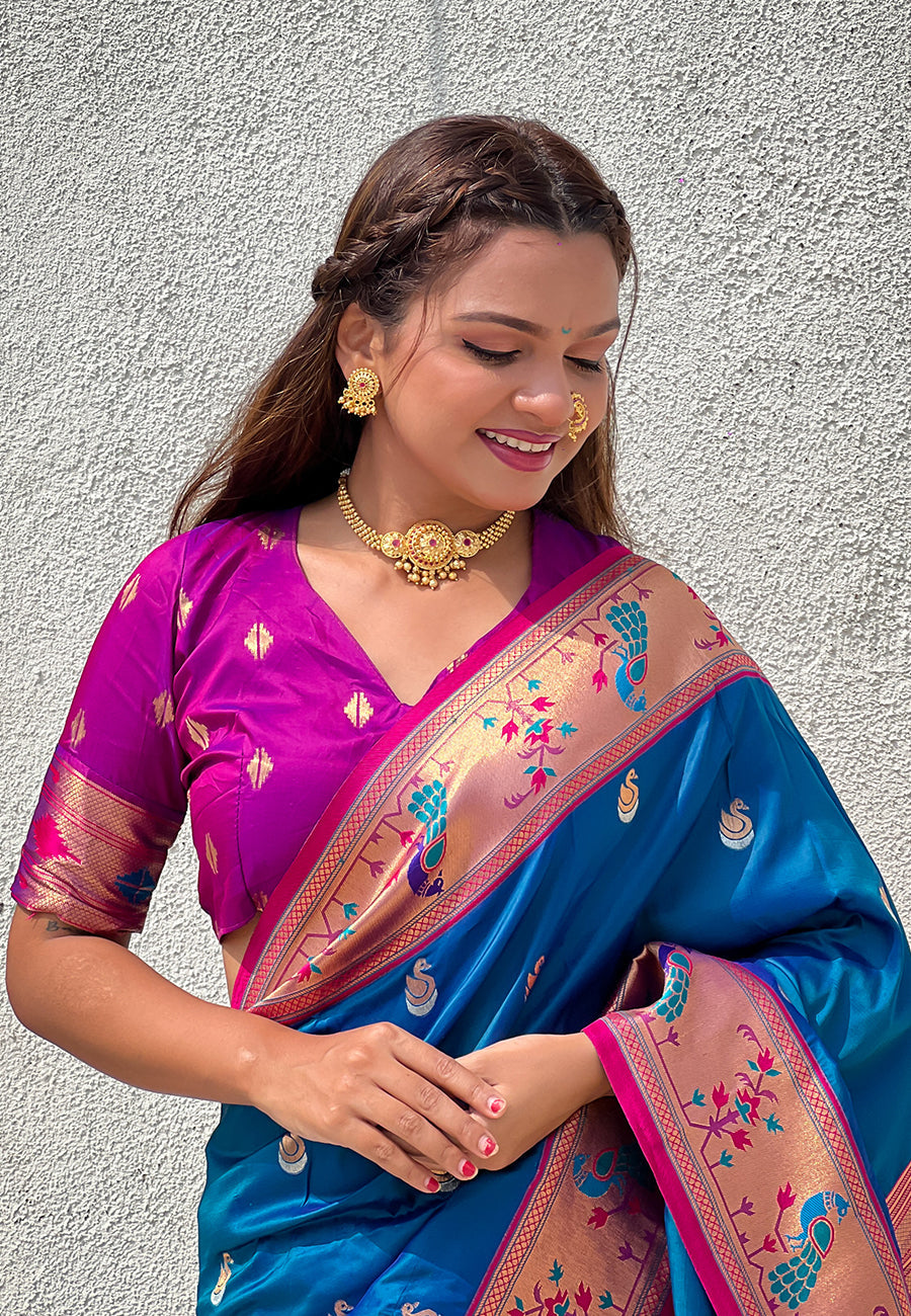 Blue contrast zari woven chandrakor swan yeola paithani silk saree
