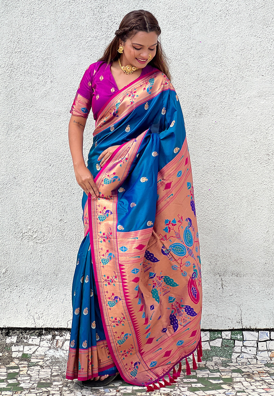 Blue contrast zari woven chandrakor swan yeola paithani silk saree