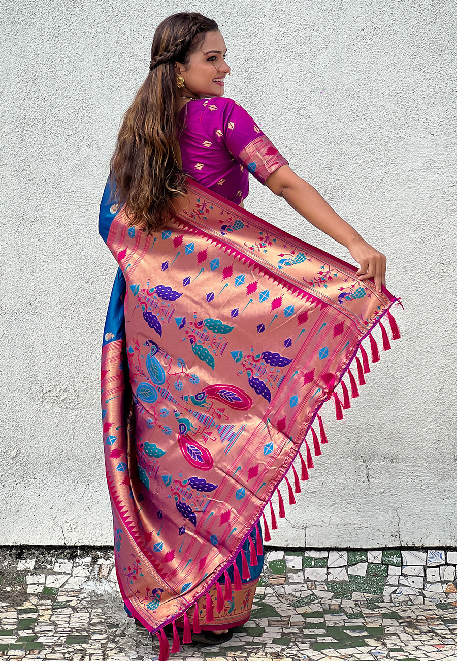 Blue contrast zari woven chandrakor swan yeola paithani silk saree
