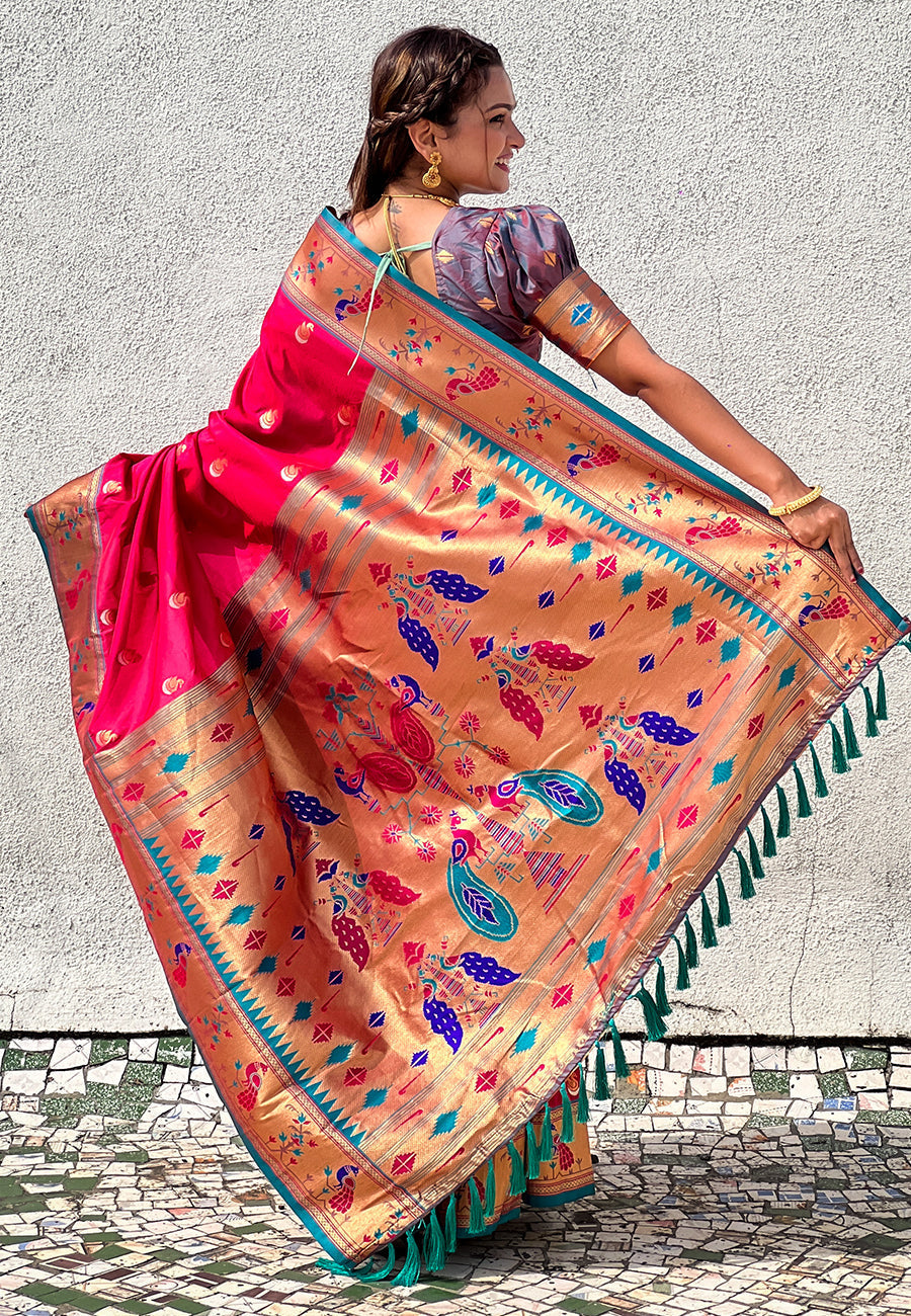 Pink contrast zari woven chandrakor swan yeola paithani silk saree