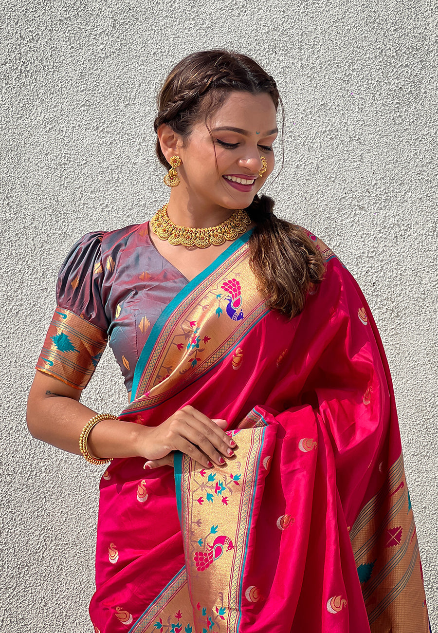 Pink contrast zari woven chandrakor swan yeola paithani silk saree