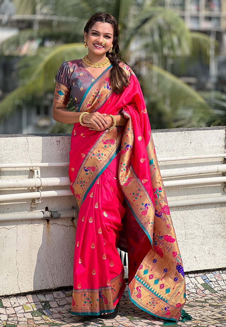 Pink contrast zari woven chandrakor swan yeola paithani silk saree