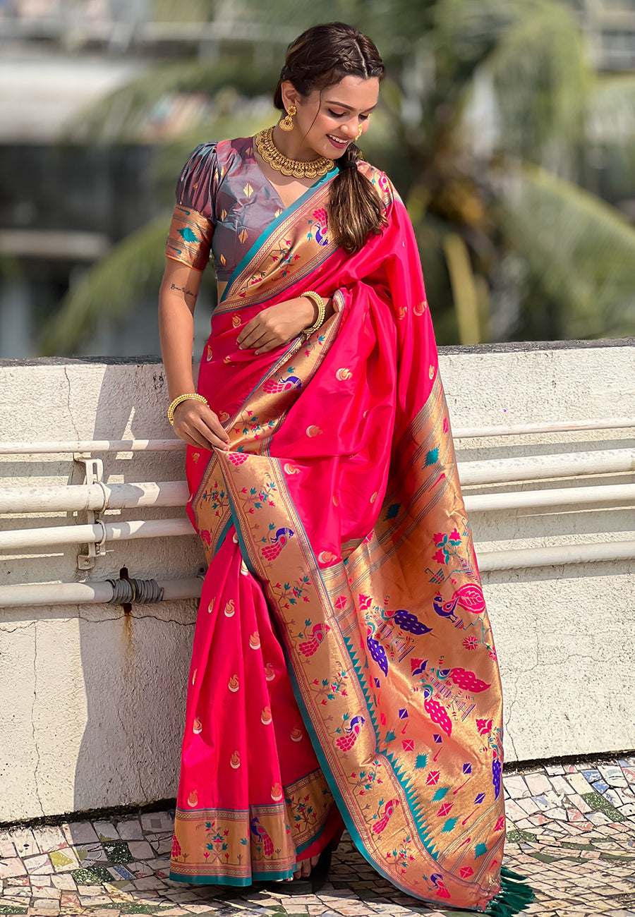 Pink contrast zari woven chandrakor swan yeola paithani silk saree