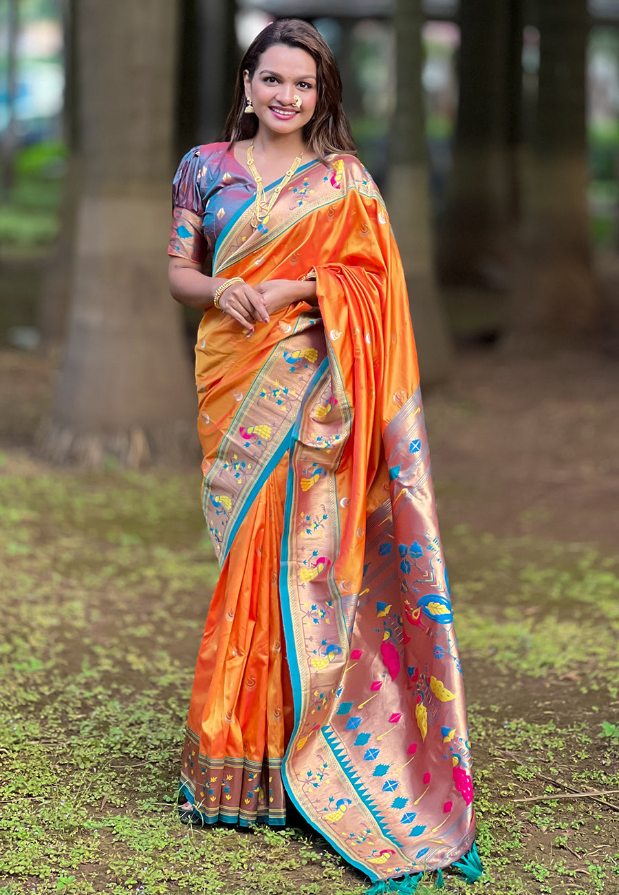 Orange contrast zari woven chandrakor swan yeola paithani silk saree