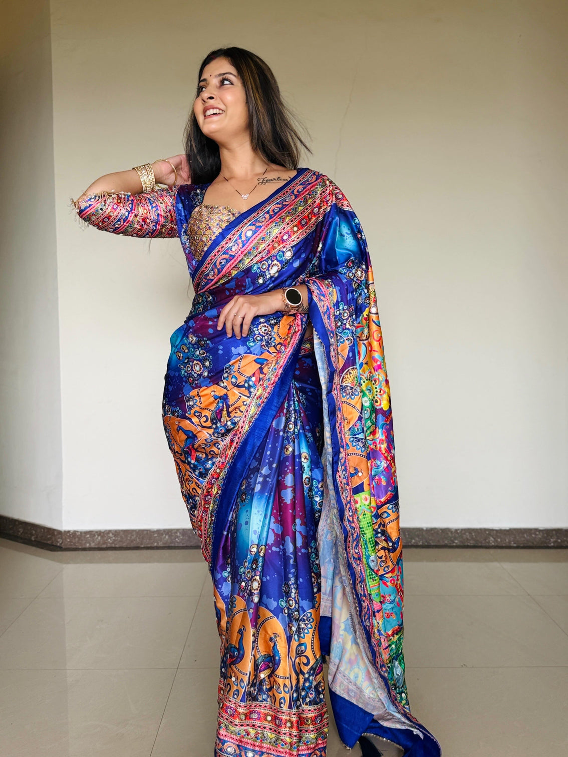 Women designer peacock floral digital print saree with contrast border attached blouse premium party wear saree