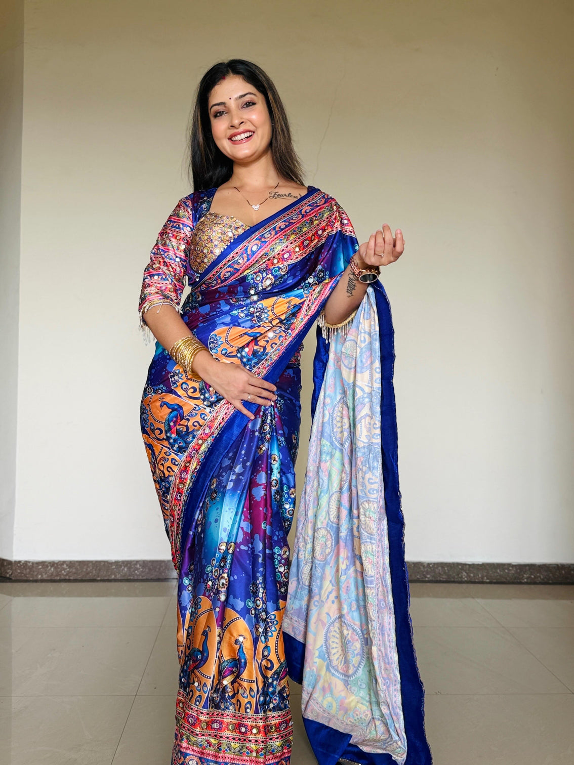 Women designer peacock floral digital print saree with contrast border attached blouse premium party wear saree