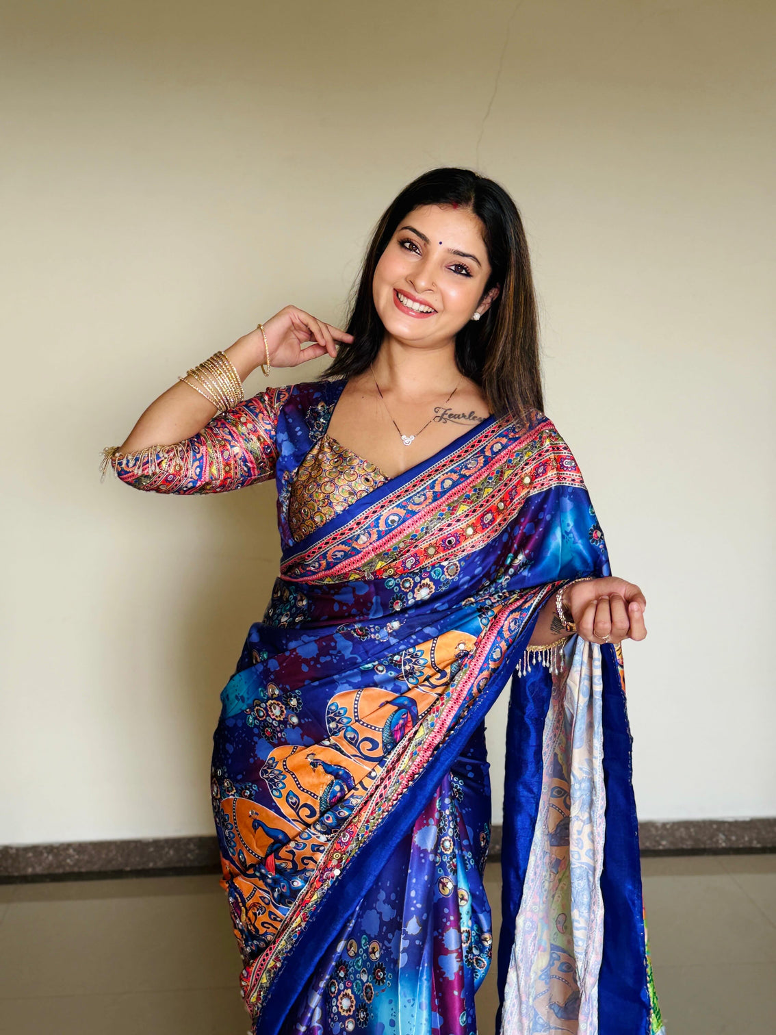 Women designer peacock floral digital print saree with contrast border attached blouse premium party wear saree