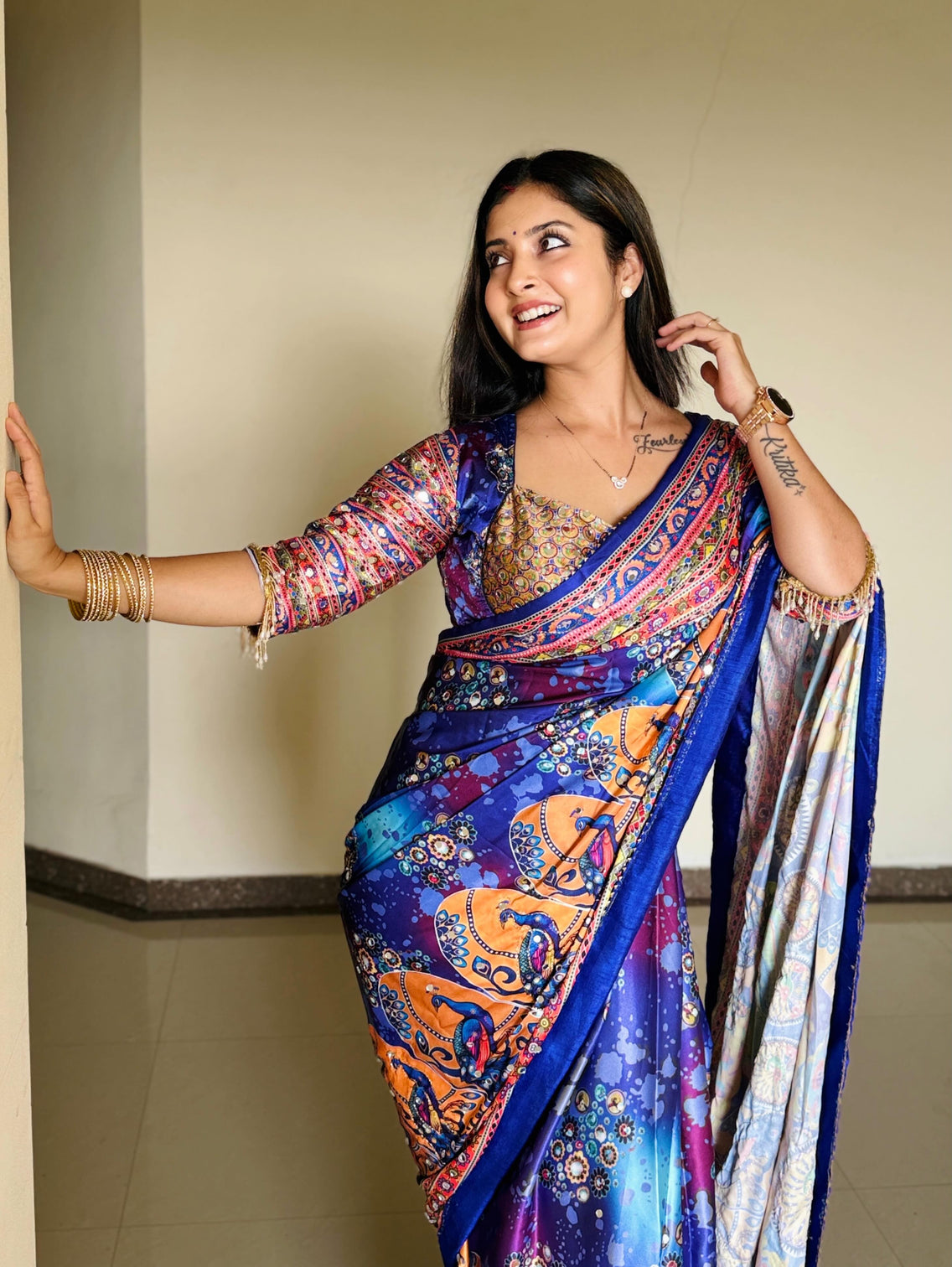 Women designer peacock floral digital print saree with contrast border attached blouse premium party wear saree