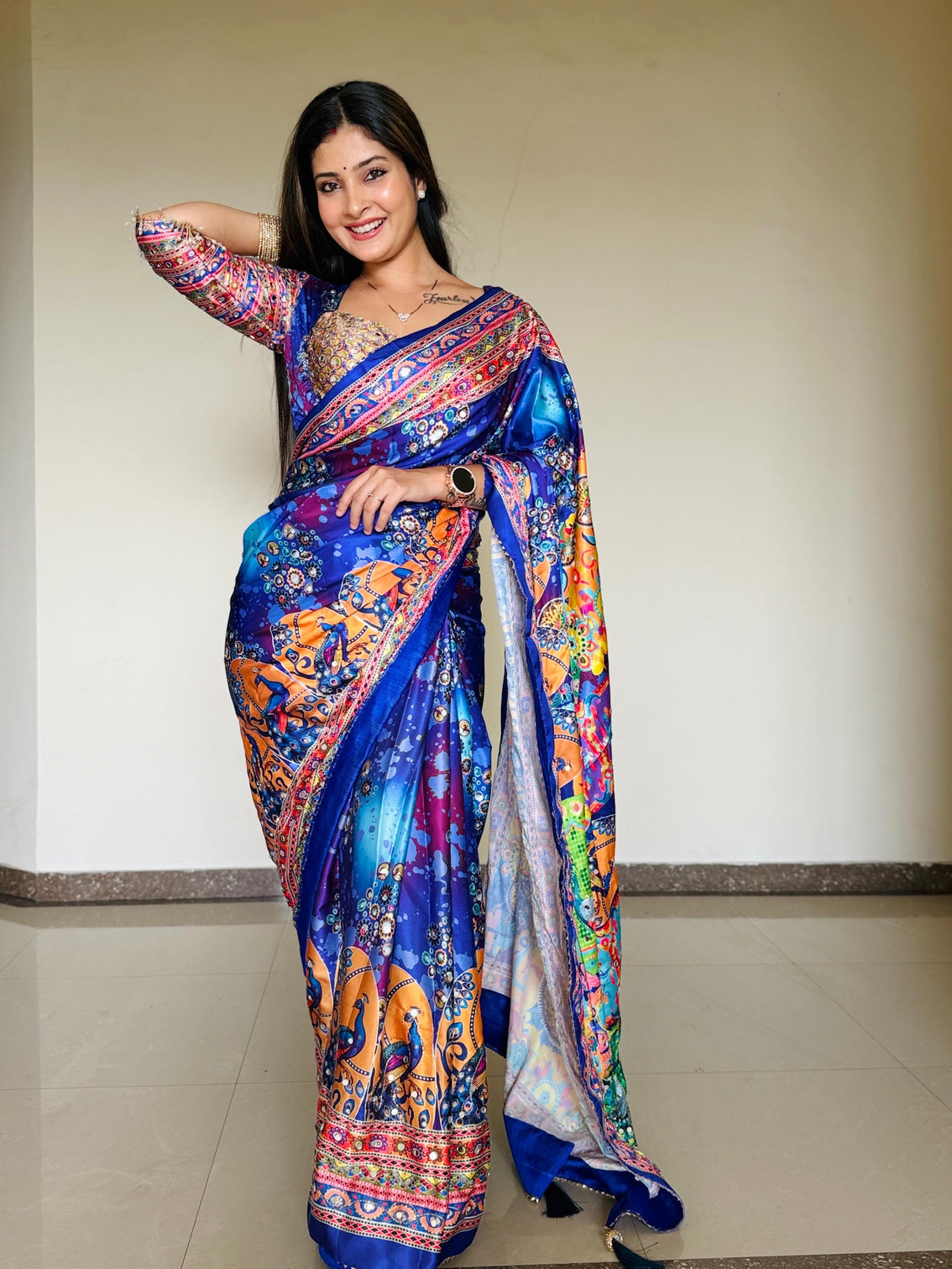 Women designer peacock floral digital print saree with contrast border attached blouse premium party wear saree mameraa