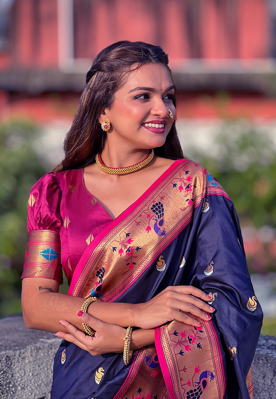 Navy blue contrast zari woven chandrakor swan yeola paithani silk saree