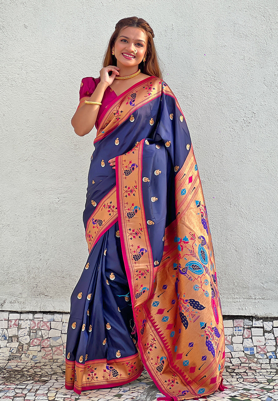 Navy blue contrast zari woven chandrakor swan yeola paithani silk saree